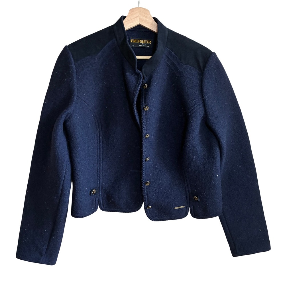 Vintage Geiger Tyrol Boiled Wool Jacket 44 Navy Blue Women Ornate Button Austria